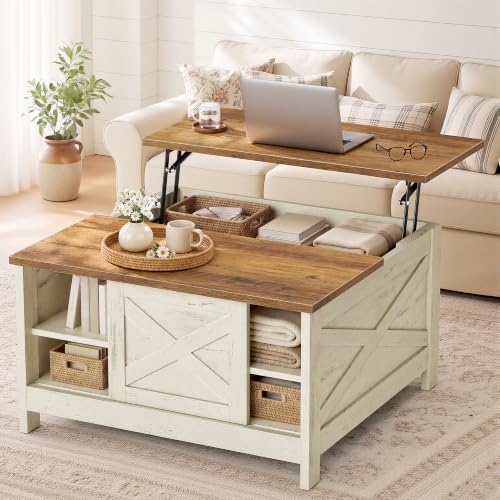Farmhouse Coffee Table with Storage & Lift Top - Rustic White + Honey Brown, 31.5 Inch