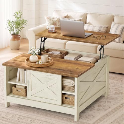 Farmhouse Coffee Table with Storage & Lift Top - Rustic White + Honey Brown, 31.5 Inch