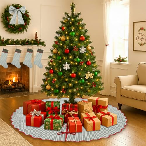 Ridhi Hand Block Printed Cotton Christmas Tree Skirt - Green Red Stripe, 40 Inch