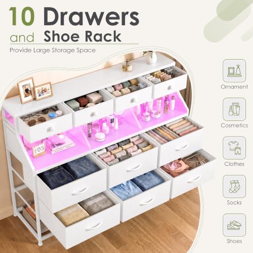 2-in-1 Dresser with 10 Drawers, Shoe Rack & LED Lighting - White Variation