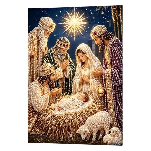 Nativity Pearl Painting Three Wise Men Scene Framed 11.81x15.75 - Navility