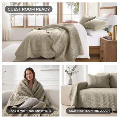 Queen Size Leaf Embossed Quilt Set with Pillow Shams - Beige, 90x96, Reversible