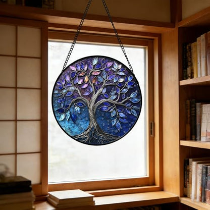 Blue Purple Tree of Life Stained Glass Window Hanging Suncatcher 7.8 Inch - Vibrant Home Decor