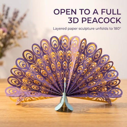 Purple 3D Peacocks Greeting Card for Birthdays Christmas & Weddings