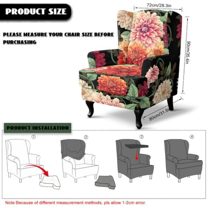 Dahlia Floral Wingback Chair Slipcover with Ottoman Cover Set - 3 Pieces