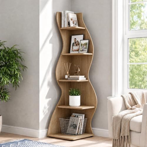 Tribesigns Modern Wavy Corner Shelf Stand - Light Brown, 5-Tier