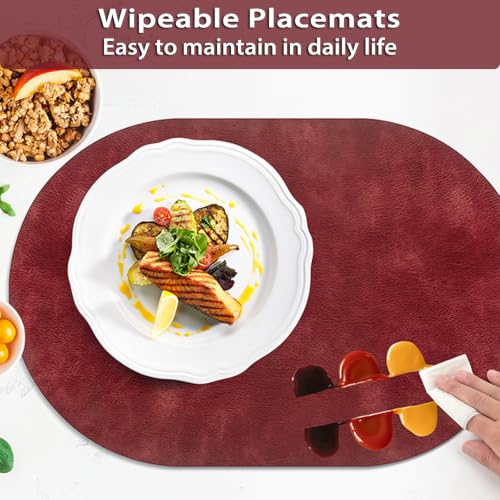 ADRIMER Oval Faux Leather Placemats Set of 8 - Wipeable Wine Red