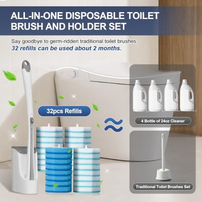 Disposable Toilet Brush with 32 Refills and Wall-Mounted Holder Set