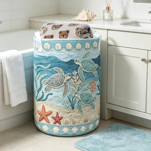 Sea Turtle Quilted Laundry Hamper Collapsible Storage Basket - M