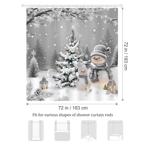 Christmas Snowman Shower Curtain - 72x72 Inch Silver Grey Holiday Bathroom Decor - Variation of Christmas Snowman / 72W x 72L