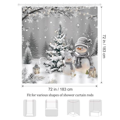 Christmas Snowman Shower Curtain - 72x72 Inch Silver Grey Holiday Bathroom Decor - Variation of Christmas Snowman / 72W x 72L