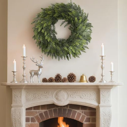 Green 26-Inch Christmas Cedar Wreath for Front Door Indoor Outdoor Decor - Real Touch Handmade Full Faux Greenery Set