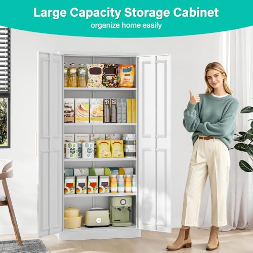 Tall White Metal Kitchen Pantry Cabinet with 2 Doors & 5 Shelves - 71 Inches