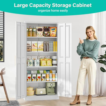 Tall White Metal Kitchen Pantry Cabinet with 2 Doors & 5 Shelves - 71 Inches