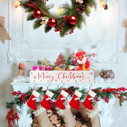 Christmas Stocking Holders with Wooden Box & 5 Hooks - Snowflake White