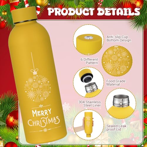 Christmas Water Bottle Set - 6 Stainless Steel 17oz Holiday Drink Bottles - Colorful Festive Design