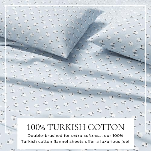 King Flannel Sheet Set with Holiday Sheep Print - 100% Turkish Cotton, Double-Brushed, Cozy Winter Bedding