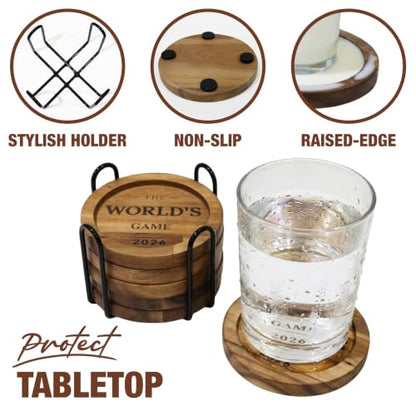 The World's Game 2026 Acacia Wood Coasters Set of 6 with Metal Holder - Soccer Housewarming Gift
