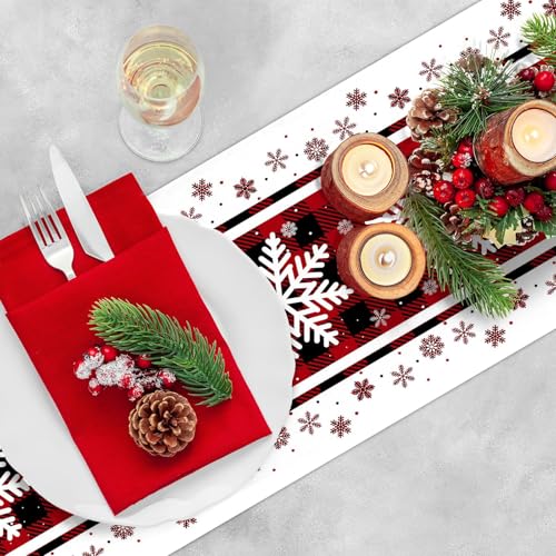 Christmas Table Runner 72x13 Inch Red Black Checkered Snowflake Pattern Holiday Decor
