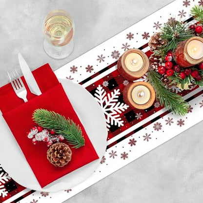 Christmas Table Runner 72x13 Inch Red Black Checkered Snowflake Pattern Holiday Decor