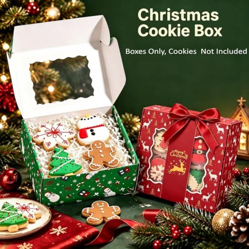 12 Pack Christmas Cookie Boxes with Window & Gold Band - Small 6x6x2.5 Inches, Multi Colors