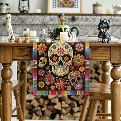 Flowers Sugar Skull Mexican Day of The Dead Table Runner - Red & Blue 13x90 Inch