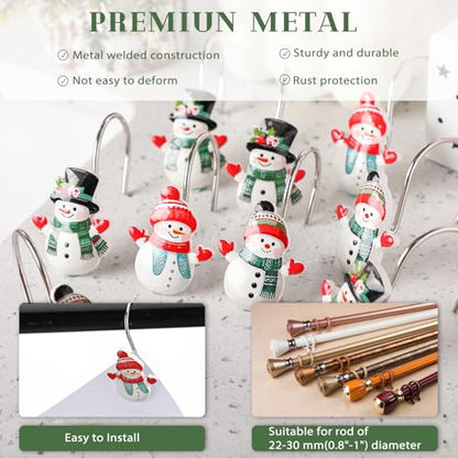 Christmas Snowman Shower Curtain Hooks Set - 12 Decorative Bathroom Accessories