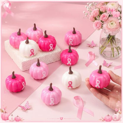 24 Pcs Breast Cancer Awareness Foam Pumpkins Pink Ribbon Gift Set - Fall Halloween Charity Decor