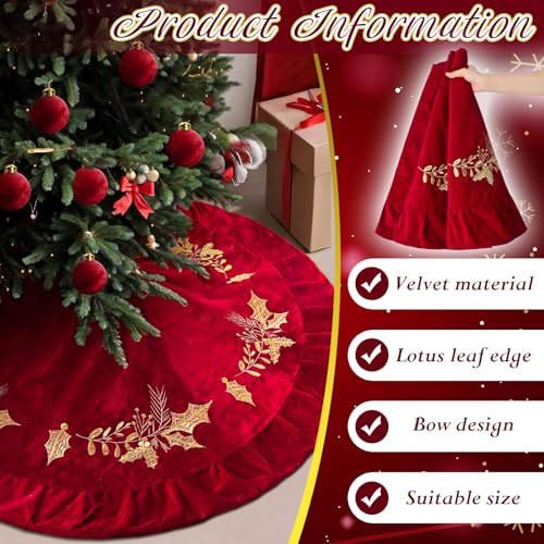 Christmas Tree Skirt Red 48 Inch Velvet with Gold Holly Embroidery - Variation of THIS listing