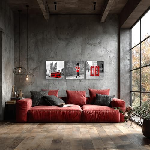 London Theme Canvas Wall Art Set - Black & White Cityscape with Red Buses & Guard Figures, 3 Pieces, 20x20 Inches - Ready to Hang