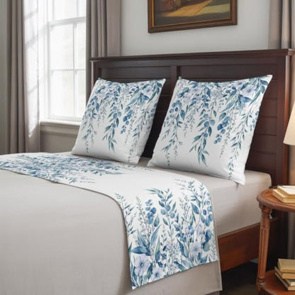 83 x 20 Inch Blue Eucalyptus Bed Runner Set with 2 Pillow Covers - Queen Size