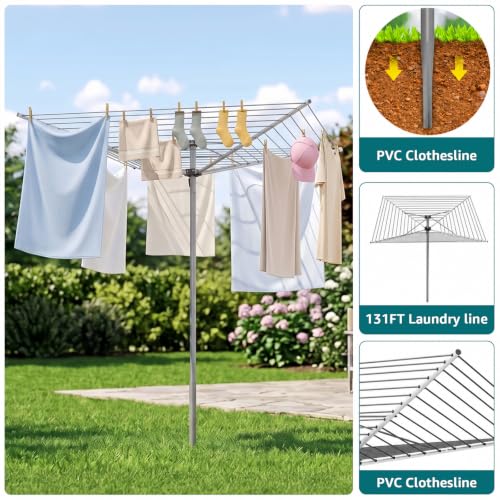 Outdoor Clothes Drying Rack 131ft Umbrella Style with 360° Rotatable Top Gray