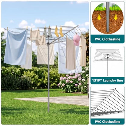 Outdoor Clothes Drying Rack 131ft Umbrella Style with 360° Rotatable Top Gray