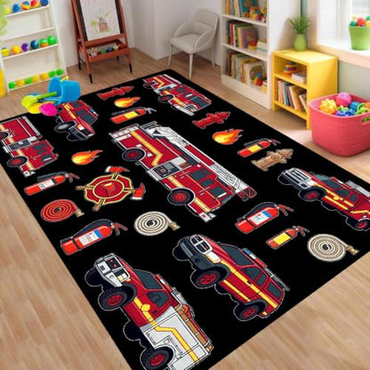 Fire Engine Theme Area Rug for Kids Playroom 4x5ft - Red Firefighter Rescue Carpet