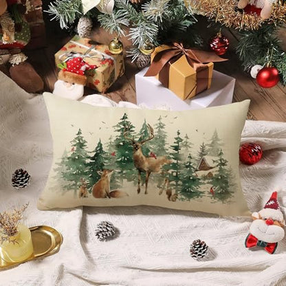 Fahrendom Christmas Woodland Animals Lumbar Pillow Cover - Snow Animals 20x12