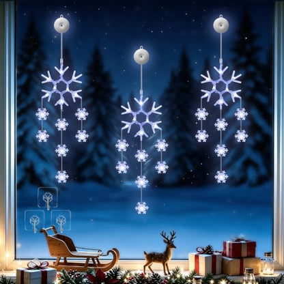 3 Pack Christmas Snowflake Window Lights - Battery Operated, Cool White, Indoor Decor