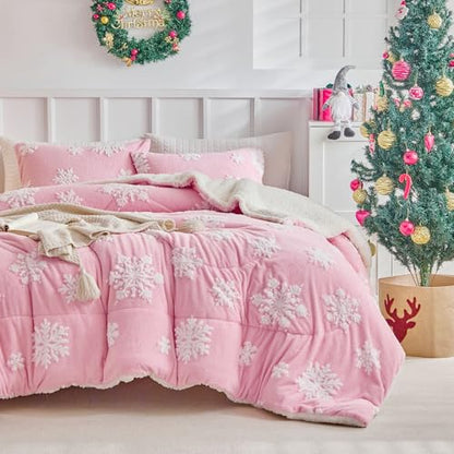 Pink Snowflake Queen Comforter Set Flannel Fleece Sherpa Winter Bedding