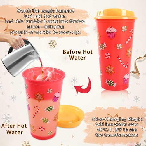 6 Pcs Christmas Color Changing Hot Coffee Cups with Lids - 16 Oz Reusable Plastic Tumblers for Holiday Parties