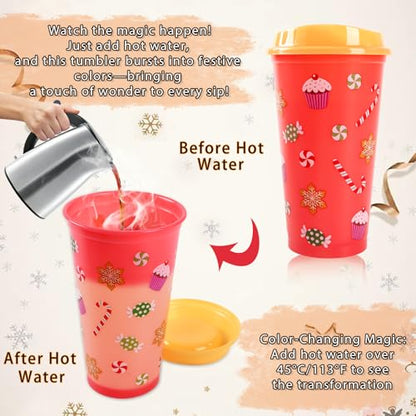 6 Pcs Christmas Color Changing Hot Coffee Cups with Lids - 16 Oz Reusable Plastic Tumblers for Holiday Parties