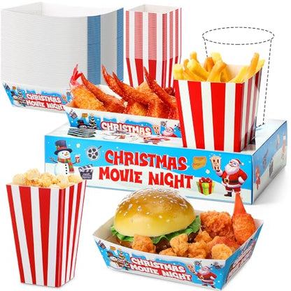 Movie Night Snack Tray Set - Christmas Themed 36 Pieces with Popcorn Boxes & Drink Holders - Holiday Party Supplies