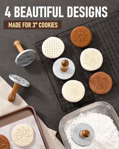 Cookie Stamps Set of 4 - Metal Cookie Press with Wooden Handles for Baking