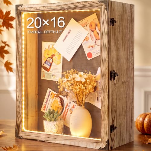 16x20 Inch Rustic Brown Deep Shadow Box Frame with LED Light - Cinnvoice
