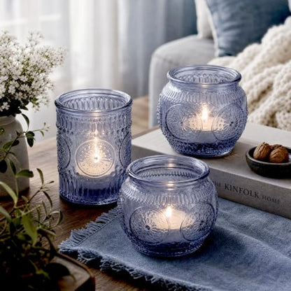 Blue Votive Candle Holders Set - 24 Pack with Vintage Sunflower Pattern