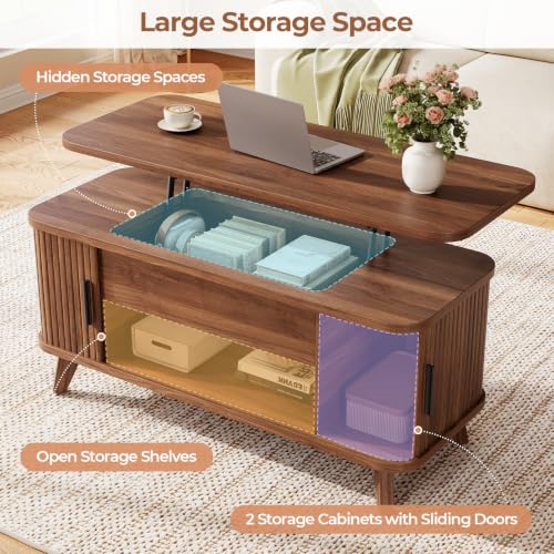 Mid Century Modern Lift Top Coffee Table Brown - Wooden Fluted Storage
