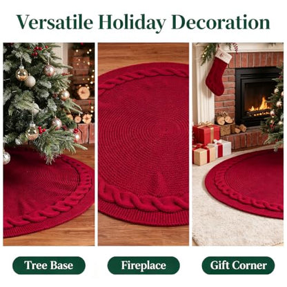 48 Inch Christmas Tree Skirt - Red Cable Knit Holiday Decor