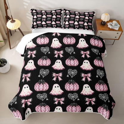 Happy Halloween Quilt Set with Ghost & Pumpkin Pattern – Black Pink Queen Size, 3 Pieces