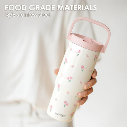 SANDJEST 30oz Insulated Tumbler with Stainless Steel Straw Lid - Perfect Travel Coffee Cup for Women & Girls