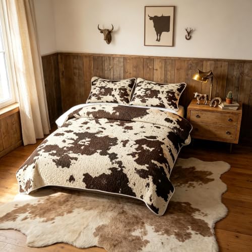 Cowhide Quilt Set with Pillowcases - Black White Full Bedding Set - All Season Microfiber Bedspread