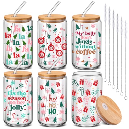 Pine Glass Christmas Cups Set with Lids & Straws - 6 Pack, 16 oz