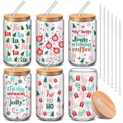 Pine Glass Christmas Cups Set with Lids & Straws - 6 Pack, 16 oz